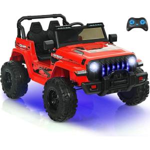 imageINFANS Kids Ride on Car Truck with 24G Remote Control 12V Battery Powered Electric Cars for Kids w3 Speeds Battery Display LED Lights Safety Belt Music ampamp Horn BluetoothFMUSB RedRed