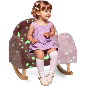 imageINFANS Kids Sofa Toddler Rocking Chair with Solid Wooden Frame AntiTipping Design Plush Fabric Children Armchair for Nursery Kindergarten Playroom Preschool Gift for Boys Girls PinkPinkfluorescent
