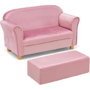 imageINFANS Kids Sofa with Ottoman 2 Seat Toddler Upholstered Couch Children Armrest Chair Lounge for Nursery Kindergarten Kids Room Boys Girls Sturdy Wood Construction Velvet Surface Pink 2 SeatsPink
