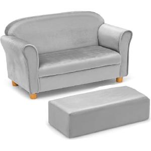 imageINFANS Kids Sofa with Ottoman 2 Seat Toddler Upholstered Couch Children Armrest Chair Lounge for Nursery Kindergarten Kids Room Boys Girls Sturdy Wood Construction Velvet Surface Pink 2 SeatsGrey