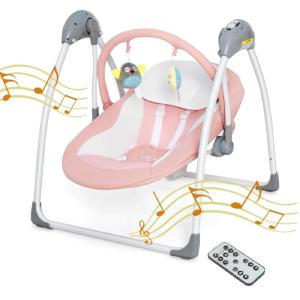 imageINFANS Baby Swing for Infants Compact Portable Baby Electric Rocker for Newborn with 5 Speed Natural Sway Music Timing 2 Toys Remote Control Easy Fold 06 Months Boy GirlPink