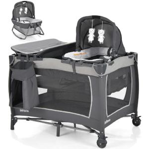 imageINFANS 4 in 1 Pack and Play Portable Nursery Center for Baby Kid Infant Travel Playard with Bassinet Mattress Diaper Changer Bag Toys Music Box Storage Basket