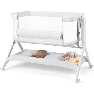 imageINFANS 5 in 1 Baby Bassinet Upgraded Rocking Bedside Sleeper with Wheels Storage Basket Travel Bag Mosquito Net Height Adjustable Portable All Mesh Crib for NewbornInfant PinkLight Grey