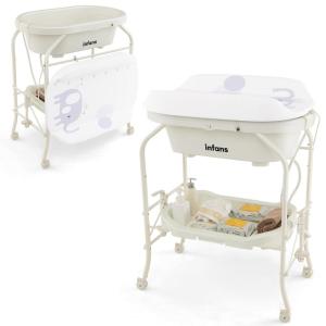 imageINFANS 2 in 1 Baby Changing Table with Bath Tub Unit Folding Diaper Dresser Station with Wheels Waterproof Pad Storage Rack Portable Nursery Organizer Stand for Newborn InfantWhite