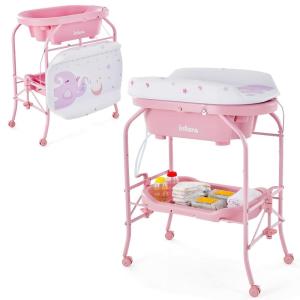 imageINFANS 2 in 1 Baby Changing Table with Bath Tub Unit Folding Diaper Dresser Station with Wheels Waterproof Pad Storage Rack Portable Nursery Organizer Stand for Newborn InfantPink