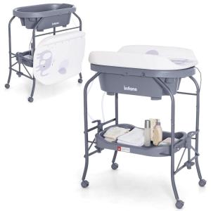 imageINFANS 2 in 1 Baby Changing Table with Bath Tub Unit Folding Diaper Dresser Station with Wheels Waterproof Pad Storage Rack Portable Nursery Organizer Stand for Newborn InfantGrey