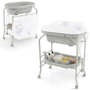 imageINFANS 2 in 1 Baby Changing Table with Bath Tub Unit Folding Diaper Dresser Station with Wheels Waterproof Pad Storage Rack Portable Nursery Organizer Stand for Newborn InfantLight Grey