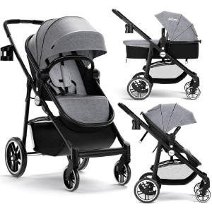 imageINFANS 2 in 1 Baby Stroller High Landscape Infant Stroller ampamp Reversible Bassinet Pram Foldable Pushchair with Adjustable Canopy Storage Basket Cup Holder Suspension Wheels PinkGrey