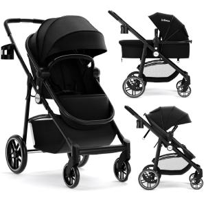 imageINFANS 2 in 1 Baby Stroller High Landscape Infant Stroller ampamp Reversible Bassinet Pram Foldable Pushchair with Adjustable Canopy Storage Basket Cup Holder Suspension Wheels PinkBlack