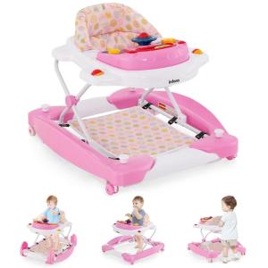 imageINFANS Baby Walker 5 in 1 Behind Walker Learning Seated Rocker Bouncer with Removable Music Tray Adjustable Height Washable Seat Cushion Foldable Activity Center for Toddlers GreyPink