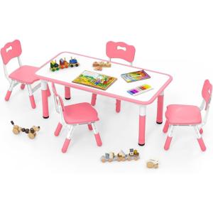 imageINFANS Kids Table and Chiar Set Height Adjustable Toddler Desk and 4 Chairs with Graffiti Desktop NonSlip Legs Large 47quot L x 235quot W MultiActivity Art Table for Daycare Classroom Home NaturalPink