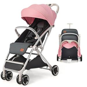 imageINFANS Lightweight Baby Stroller Compact Stroller with OneHand Fold Travel Stroller for Airplane with Cup Holder 5Point Harness Foot Cover Canopy Infant Stroller for 036 Month PinkPink
