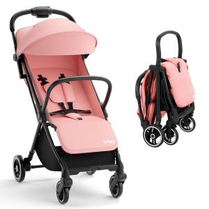 imageINFANS Lightweight Baby Stroller UltraCompact Fold Airplane Ready Travel Stroller OneHand Gravity Fold Near Flat Recline Seat Cup Holder Foldable Toddler Stroller for Infant 036 MonthPink