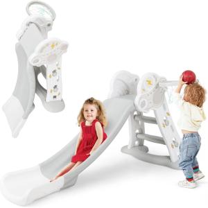 imageINFANS Toddler Slide 3 in 1 Foldable Kids Slide Indoor Slideway with Basketball Hoop Outdoor Climber Freestanding Playset Extra Long Slipping Slope Sturdy Plastic Playground Toy GreyGray