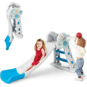 imageINFANS Toddler Slide 3 in 1 Foldable Kids Slide Indoor Slideway with Basketball Hoop Outdoor Climber Freestanding Playset Extra Long Slipping Slope Sturdy Plastic Playground Toy GreyBlue