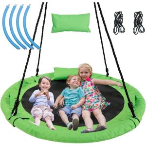 imageNFANS 660lbs 40 Inch Saucer Tree Swing with Pillow Handle Adjustable Hanging Rope Round Flying Swing Seat for Kids Outdoor Round Platform Swing for Backyard PlaygroundGreen