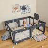 imageINFANS Baby Playpen 74 x 62 Extra Large Baby Play Yard with Crawling Mat 50 Ocean Balls 4 Pill Up Rings Basketball Hoop and 2 Football Gates for Toddlers Indoor Activity Center Light GrayDark Gray