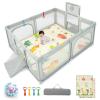 imageINFANS Baby Playpen 74 x 62 Extra Large Baby Play Yard with Crawling Mat 50 Ocean Balls 4 Pill Up Rings Basketball Hoop and 2 Football Gates for Toddlers Indoor Activity Center Light GrayLight Gray