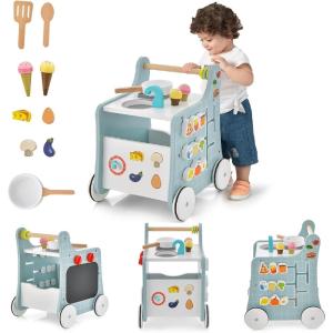 imageINFANS 6 in 1 Wooden Baby Walker Play Kitchen Playset Toddler Push Learning Activity Walker with Wheels Shape Sorter Movable Slider Montessori Educational Toy for Girls Boys 13 Years