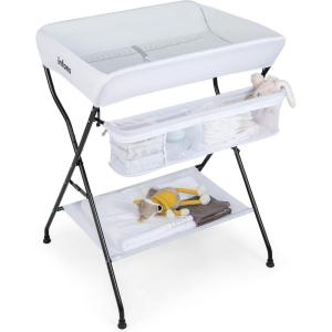 imageINFANS Baby Changing Table Folding Diaper Station Portable Nursery Organizer with Safety Belt and Large Storage Racks for Newborn Baby and Infant BlackWhite