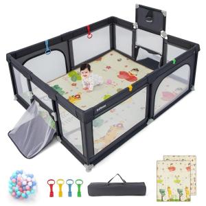 imageINFANS Baby Playpen 74 x 62 Extra Large Baby Play Yard with Crawling Mat 50 Ocean Balls 4 Pill Up Rings Basketball Hoop and 2 Football Gates for Toddlers Indoor Activity Center Light GrayDark Gray