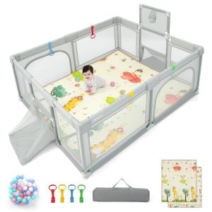 imageINFANS Baby Playpen 74 x 62 Extra Large Baby Play Yard with Crawling Mat 50 Ocean Balls 4 Pill Up Rings Basketball Hoop and 2 Football Gates for Toddlers Indoor Activity Center Light GrayLight Gray