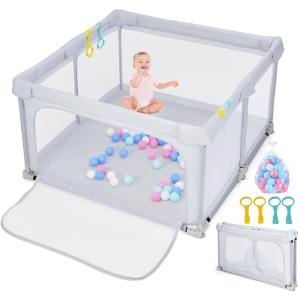 imageINFANS Baby Playpen Foldable 50x50 Large Baby Playard for Toddlers with Gate Soft Visible Mesh Indoor Outdoor Kids Activity Center Baby Fence with 4 Handlers 50 Ocean Balls GrayGray