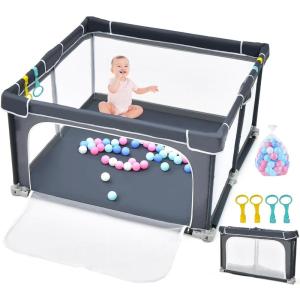 imageINFANS Baby Playpen Foldable 50x50 Large Baby Playard for Toddlers with Gate Soft Visible Mesh Indoor Outdoor Kids Activity Center Baby Fence with 4 Handlers 50 Ocean Balls GrayBlack