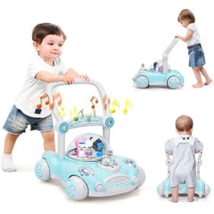 imageINFANS Baby Walker 3 in 1 Toddler Walker Bouncer LearningSeated WalkBehind Music Adjustable Height High Back Padded Seat Detachable Trampoline Mat Activity Walker with ToysBlueBlue