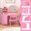 imageINFANS Kids Vanity 2 in 1 Princess Makeup Desk ampamp Chair Set with TriFolding Detachable Mirror Large Storage Shelves Wooden Pretend Play Dressing Table for GirlsPink with Light