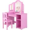 imageINFANS Kids Vanity 2 in 1 Princess Makeup Desk ampamp Chair Set with TriFolding Detachable Mirror Large Storage Shelves Wooden Pretend Play Dressing Table for GirlsPink with Chair