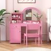 imageINFANS Kids Vanity 2 in 1 Princess Makeup Desk ampamp Chair Set with TriFolding Detachable Mirror Large Storage Shelves Wooden Pretend Play Dressing Table for GirlsPink with Light