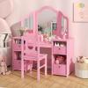 imageINFANS Kids Vanity 2 in 1 Princess Makeup Desk ampamp Chair Set with TriFolding Detachable Mirror Large Storage Shelves Wooden Pretend Play Dressing Table for GirlsPink with Cloth Drawer