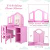 imageINFANS Kids Vanity 2 in 1 Princess Makeup Desk ampamp Chair Set with TriFolding Detachable Mirror Large Storage Shelves Wooden Pretend Play Dressing Table for GirlsPink with Chair