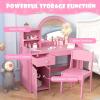 imageINFANS Kids Vanity 2 in 1 Princess Makeup Desk ampamp Chair Set with TriFolding Detachable Mirror Large Storage Shelves Wooden Pretend Play Dressing Table for GirlsPink with Light