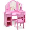 imageINFANS Kids Vanity 2 in 1 Princess Makeup Desk ampamp Chair Set with TriFolding Detachable Mirror Large Storage Shelves Wooden Pretend Play Dressing Table for GirlsPink Upgrade