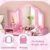 imageINFANS Kids Vanity 2 in 1 Princess Makeup Desk ampamp Chair Set with TriFolding Detachable Mirror Large Storage Shelves Wooden Pretend Play Dressing Table for GirlsPink with Cloth Drawer