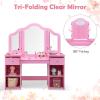 imageINFANS Kids Vanity 2 in 1 Princess Makeup Desk ampamp Chair Set with TriFolding Detachable Mirror Large Storage Shelves Wooden Pretend Play Dressing Table for GirlsPink Upgrade