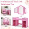imageINFANS Kids Vanity 2 in 1 Princess Makeup Desk ampamp Chair Set with TriFolding Detachable Mirror Large Storage Shelves Wooden Pretend Play Dressing Table for GirlsPink Upgrade