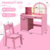 imageINFANS Kids Vanity 2 in 1 Princess Makeup Desk ampamp Chair Set with TriFolding Detachable Mirror Large Storage Shelves Wooden Pretend Play Dressing Table for GirlsPink with Light