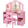 imageINFANS Kids Vanity 2 in 1 Princess Makeup Desk ampamp Chair Set with TriFolding Detachable Mirror Large Storage Shelves Wooden Pretend Play Dressing Table for GirlsPink with Cloth Drawer