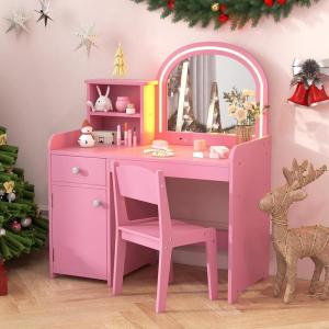 imageINFANS Kids Vanity 2 in 1 Princess Makeup Desk ampamp Chair Set with TriFolding Detachable Mirror Large Storage Shelves Wooden Pretend Play Dressing Table for GirlsPink with Light