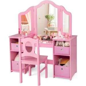 imageINFANS Kids Vanity 2 in 1 Princess Makeup Desk ampamp Chair Set with TriFolding Detachable Mirror Large Storage Shelves Wooden Pretend Play Dressing Table for GirlsPink with Cloth Drawer
