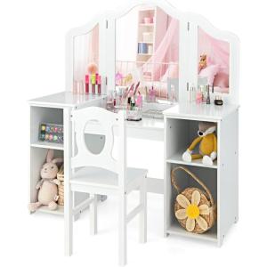 imageINFANS Kids Vanity 2 in 1 Princess Makeup Desk ampamp Chair Set with TriFolding Detachable Mirror Large Storage Shelves Wooden Pretend Play Dressing Table for GirlsWhite with Chair