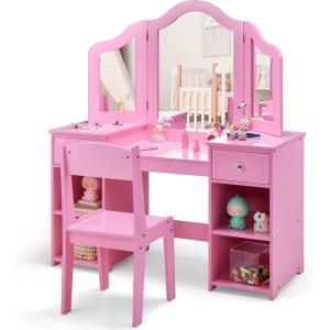 imageINFANS Kids Vanity 2 in 1 Princess Makeup Desk ampamp Chair Set with TriFolding Detachable Mirror Large Storage Shelves Wooden Pretend Play Dressing Table for GirlsPink Upgrade