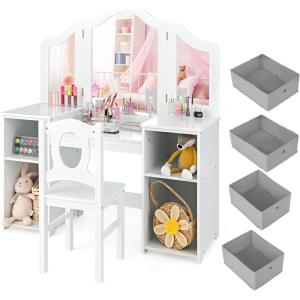 imageINFANS Kids Vanity 2 in 1 Princess Makeup Desk ampamp Chair Set with TriFolding Detachable Mirror Large Storage Shelves Wooden Pretend Play Dressing Table for GirlsWhite with Cloth Drawers