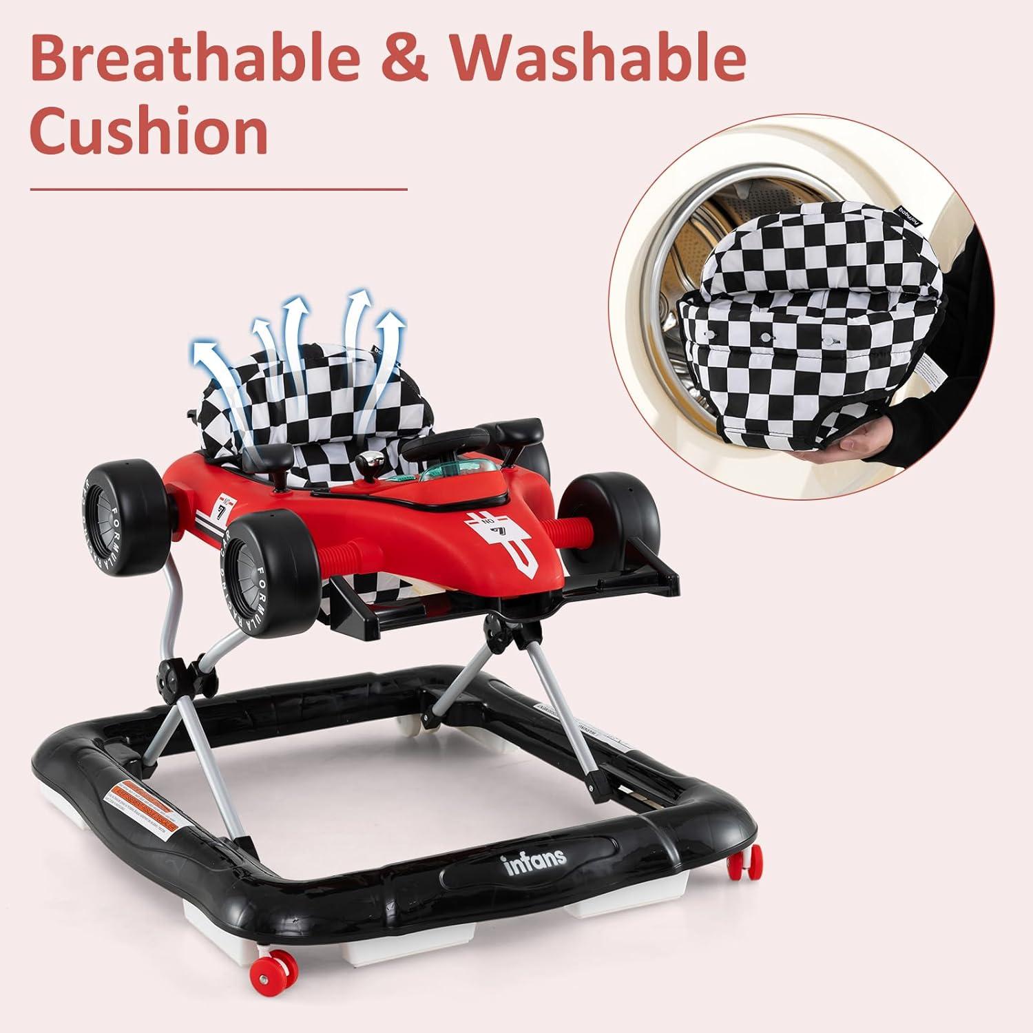imageINFANS 4 in 1 Baby Walker Foldable Toddler Activity Center with Adjustable Height Padded Seat Music Light Removable Tray Push Walker for Girls Boys Aged 618 Months RedRed
