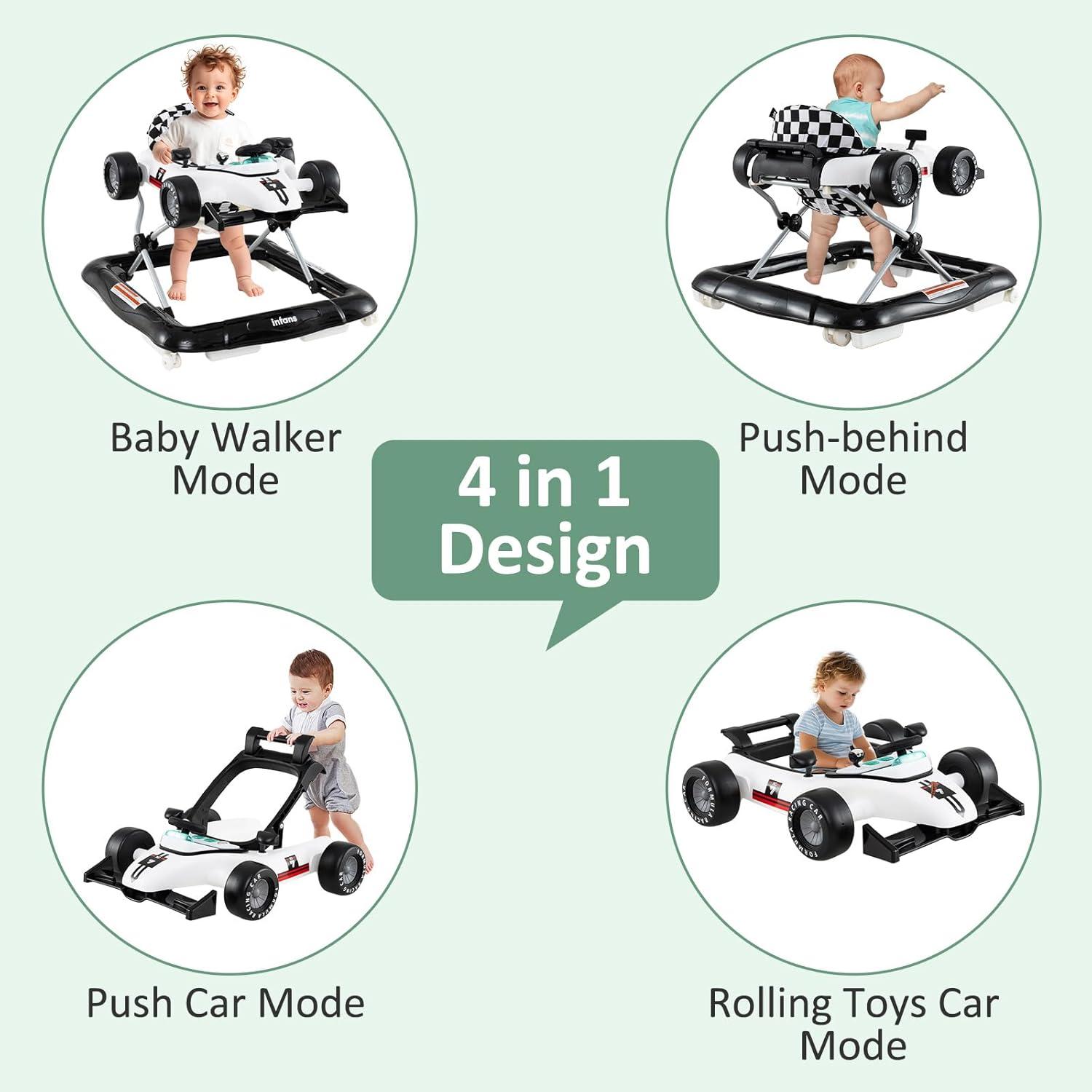 imageINFANS 4 in 1 Baby Walker Foldable Toddler Activity Center with Adjustable Height Padded Seat Music Light Removable Tray Push Walker for Girls Boys Aged 618 Months RedIvory