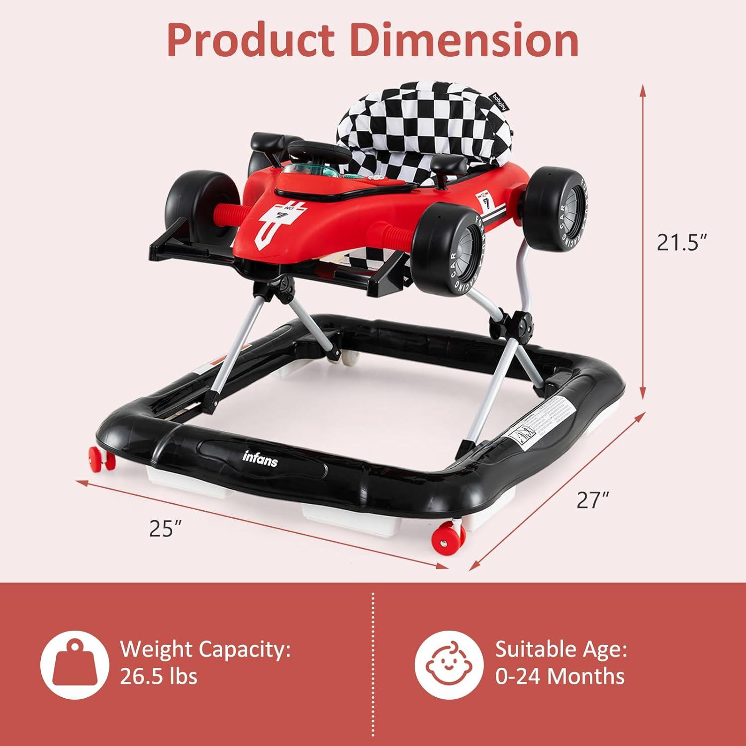 imageINFANS 4 in 1 Baby Walker Foldable Toddler Activity Center with Adjustable Height Padded Seat Music Light Removable Tray Push Walker for Girls Boys Aged 618 Months RedRed