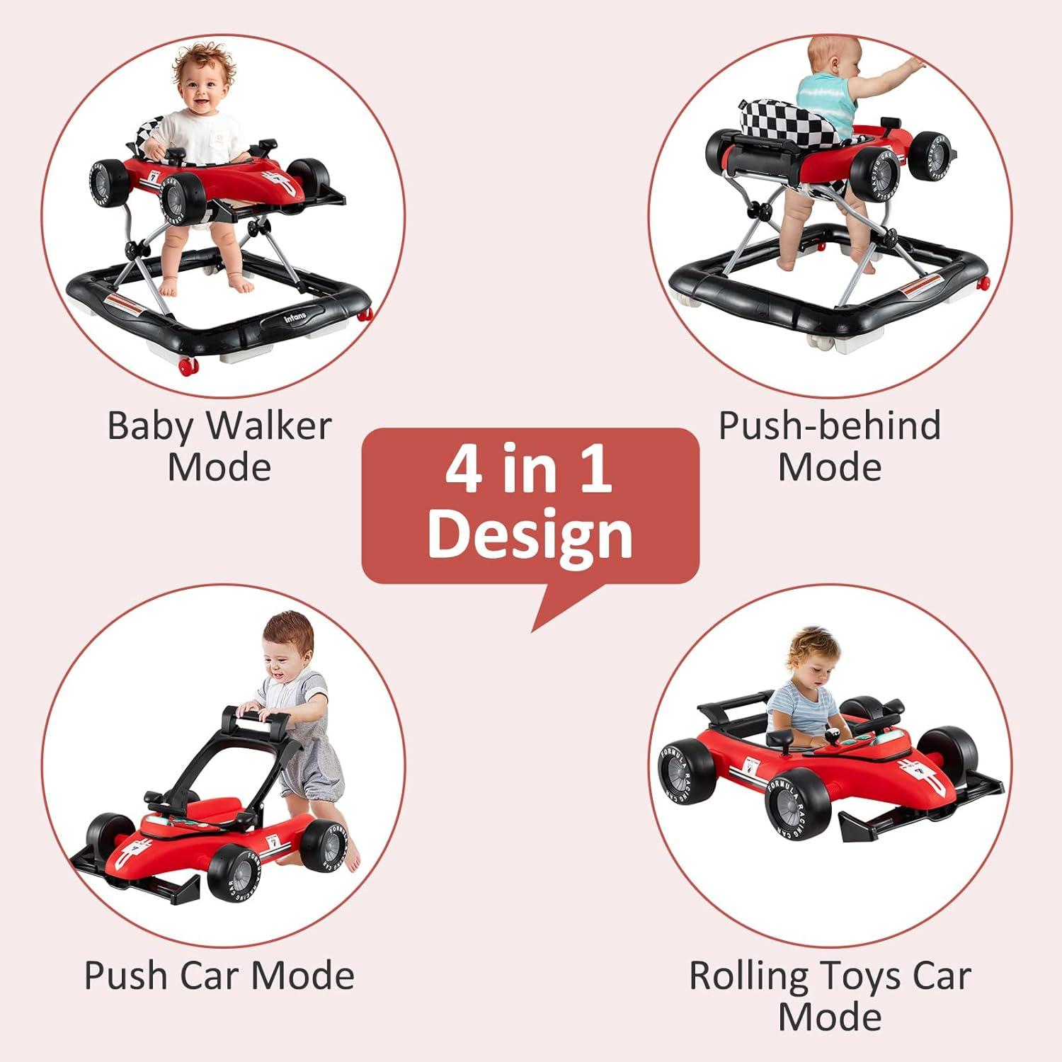 imageINFANS 4 in 1 Baby Walker Foldable Toddler Activity Center with Adjustable Height Padded Seat Music Light Removable Tray Push Walker for Girls Boys Aged 618 Months RedRed